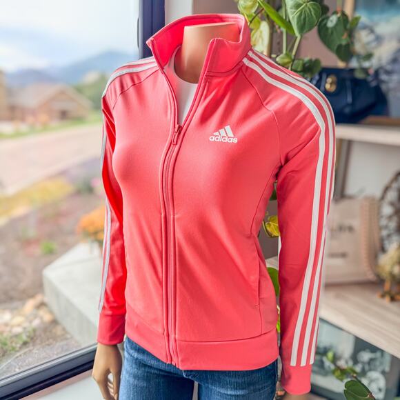 Adidas Women's XS Primegreen Essentials Warm-Up Slim 3-Strips Track Jacket Pink - Picture 2 of 9
